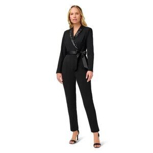 Adrianna Papell Womens Size 4 Black Knit Crepe Sequin Collar Tuxedo Jumpsuit NWT